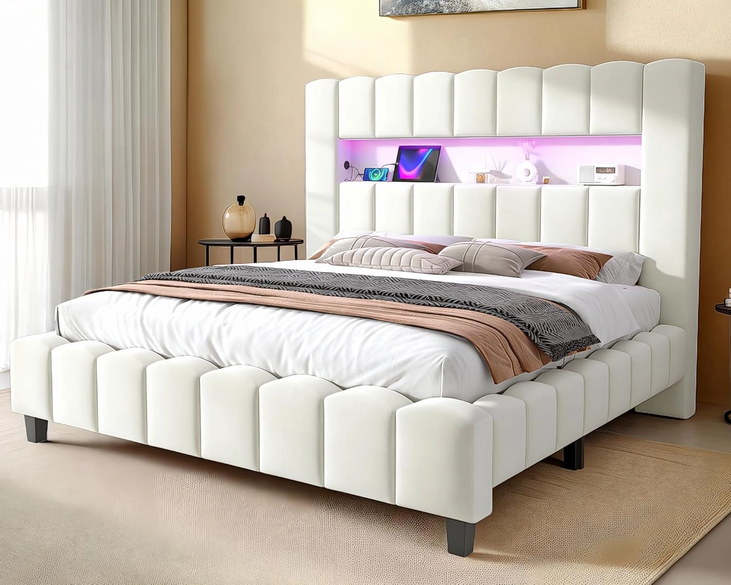 Jocisland King Bed Frame with 51.2" Tall Headboard, LED Lights & Charging Station, Velvet Upholstered Platform, No Box Spring Required, Cream