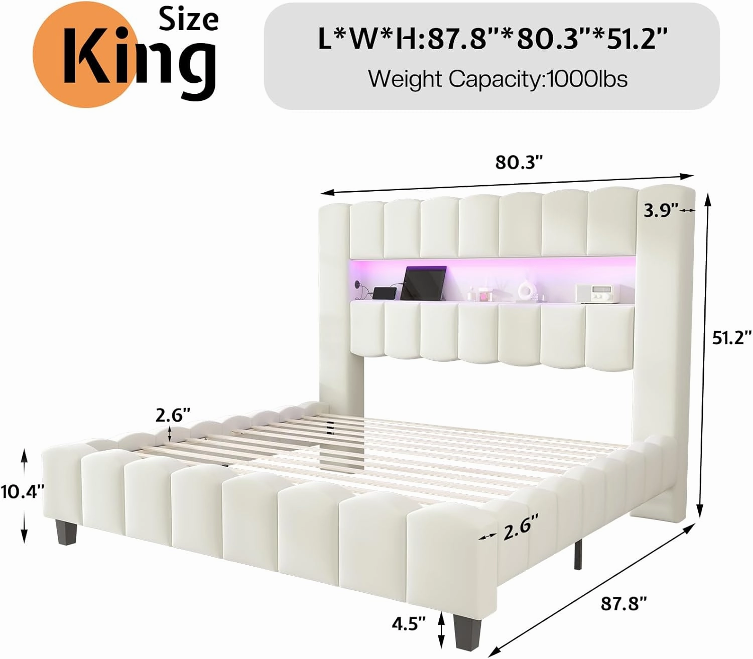 Jocisland King Bed Frame with 51.2" Tall Headboard, LED Lights & Charging Station, Velvet Upholstered Platform, No Box Spring Required, Cream