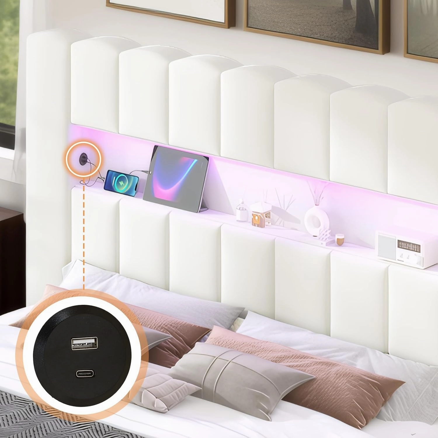 Jocisland King Bed Frame with 51.2" Tall Headboard, LED Lights & Charging Station, Velvet Upholstered Platform, No Box Spring Required, Cream