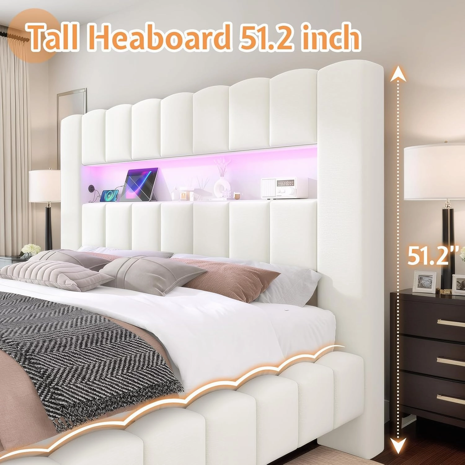Jocisland King Bed Frame with 51.2" Tall Headboard, LED Lights & Charging Station, Velvet Upholstered Platform, No Box Spring Required, Cream