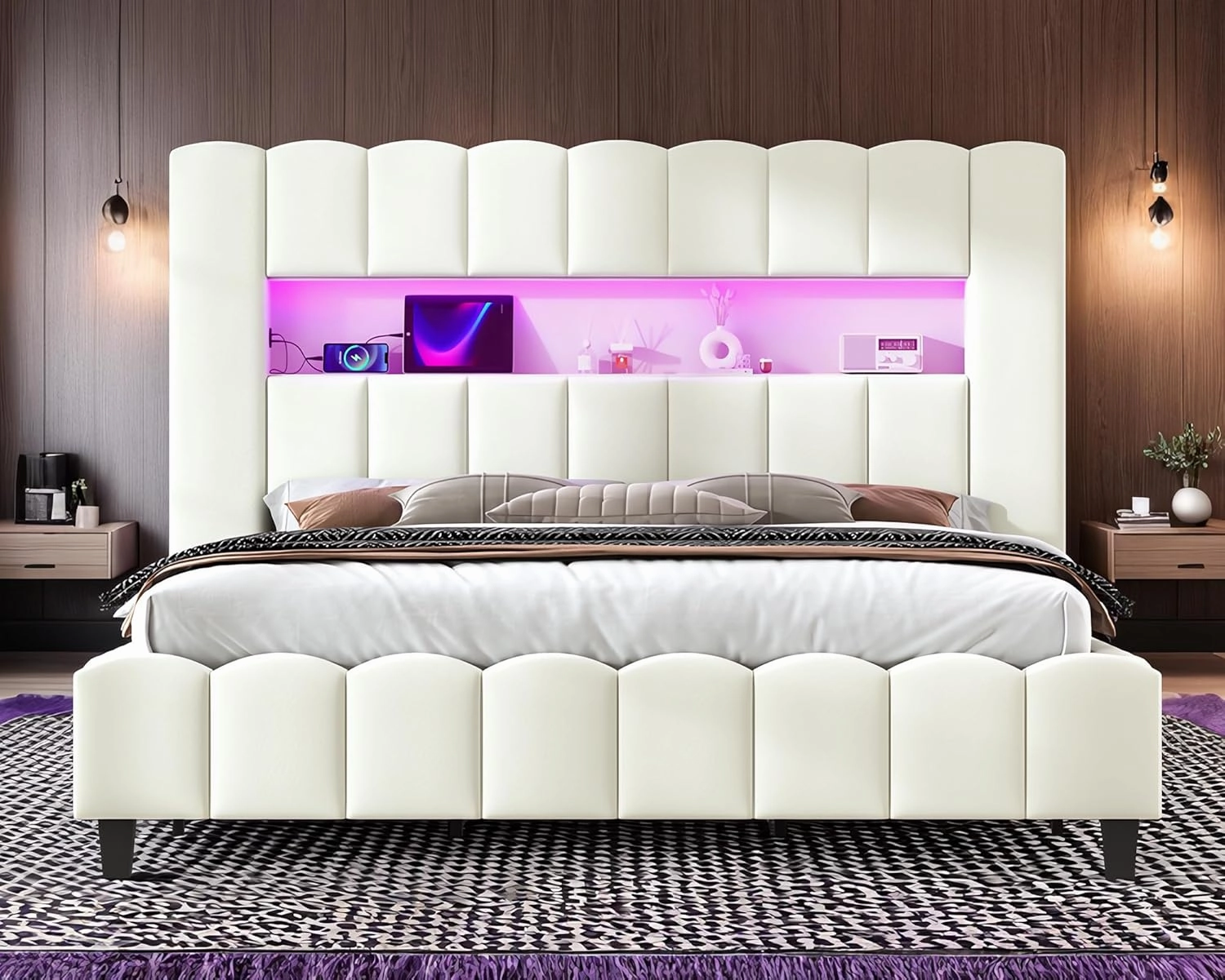 Jocisland King Bed Frame with 51.2" Tall Headboard, LED Lights & Charging Station, Velvet Upholstered Platform, No Box Spring Required, Cream