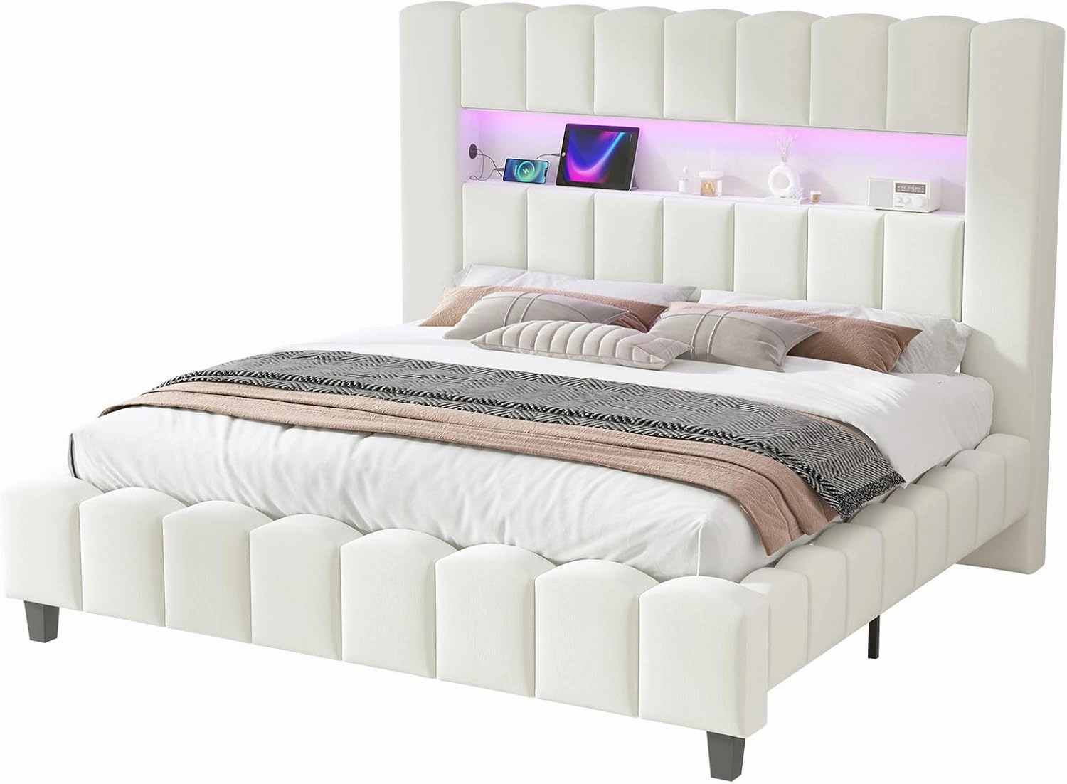 Jocisland King Bed Frame with 51.2" Tall Headboard, LED Lights & Charging Station, Velvet Upholstered Platform, No Box Spring Required, Cream
