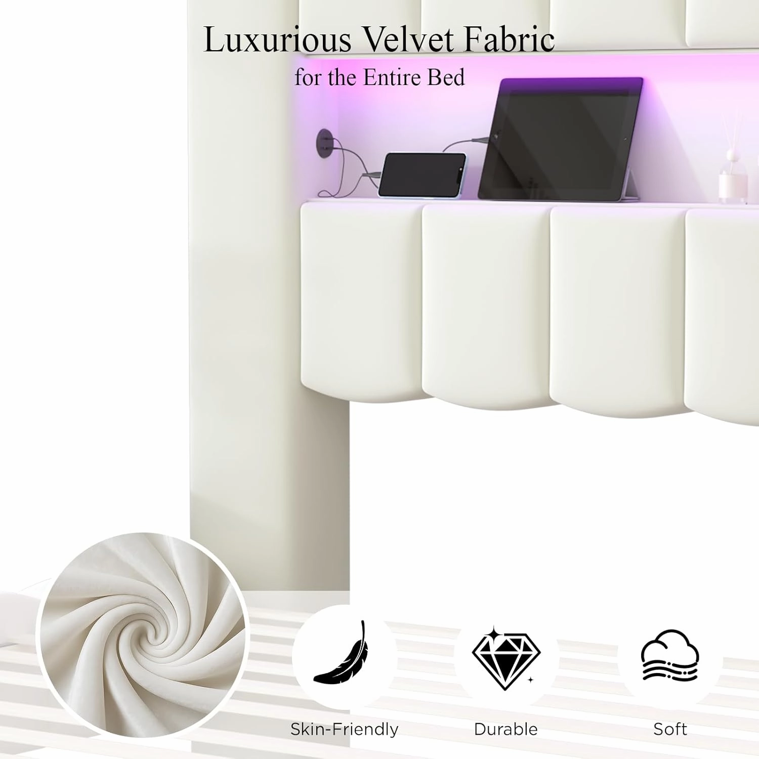Jocisland King Bed Frame with 51.2" Tall Headboard, LED Lights & Charging Station, Velvet Upholstered Platform, No Box Spring Required, Cream