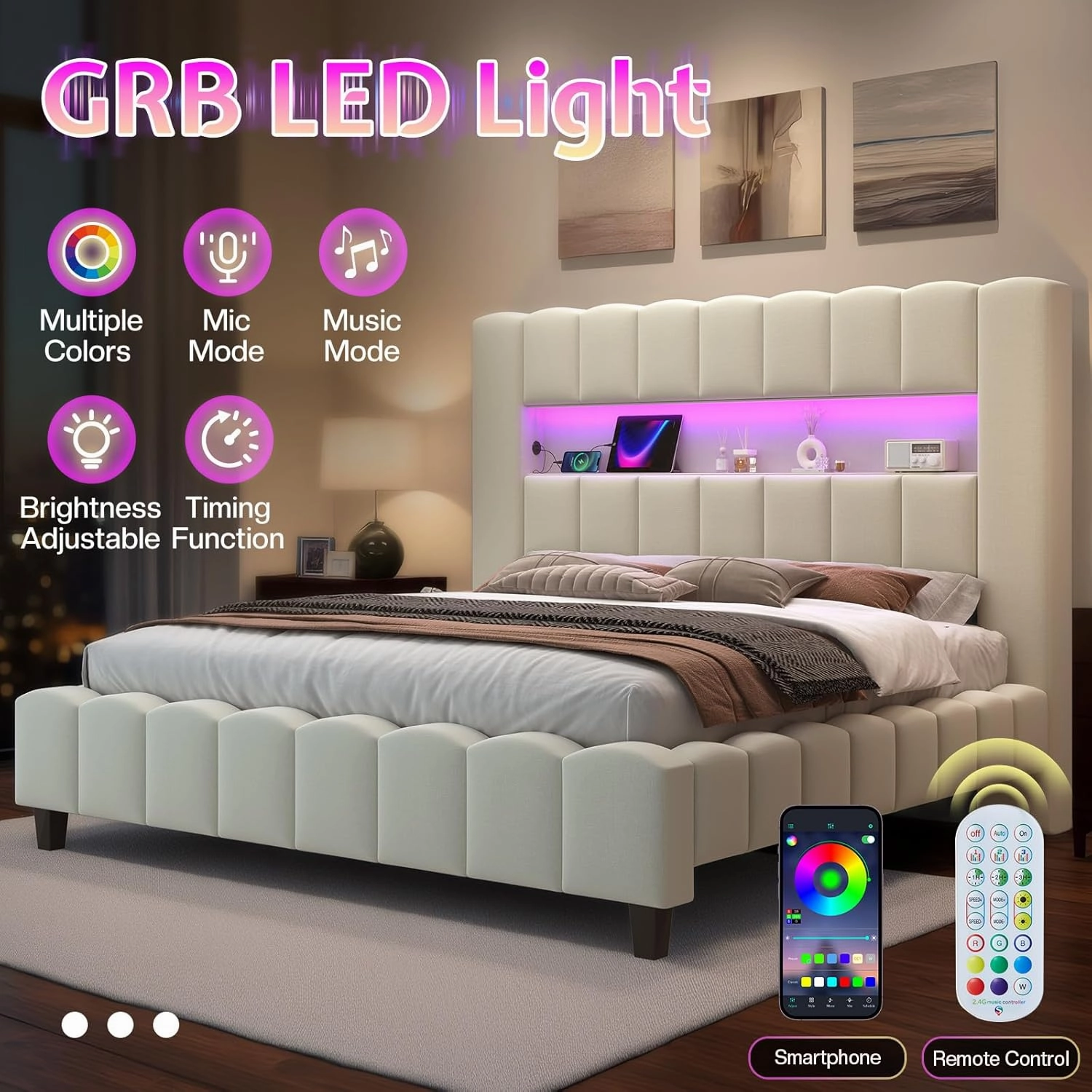 Jocisland King Bed Frame with 51.2" Tall Headboard, LED Lights & Charging Station, Velvet Upholstered Platform, No Box Spring Required, Cream