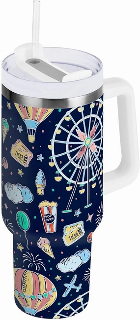 Joisal Amusement Park Hand Drawn Coffee Tumbler Reusable Water Bottles with Straw Insulated Cup