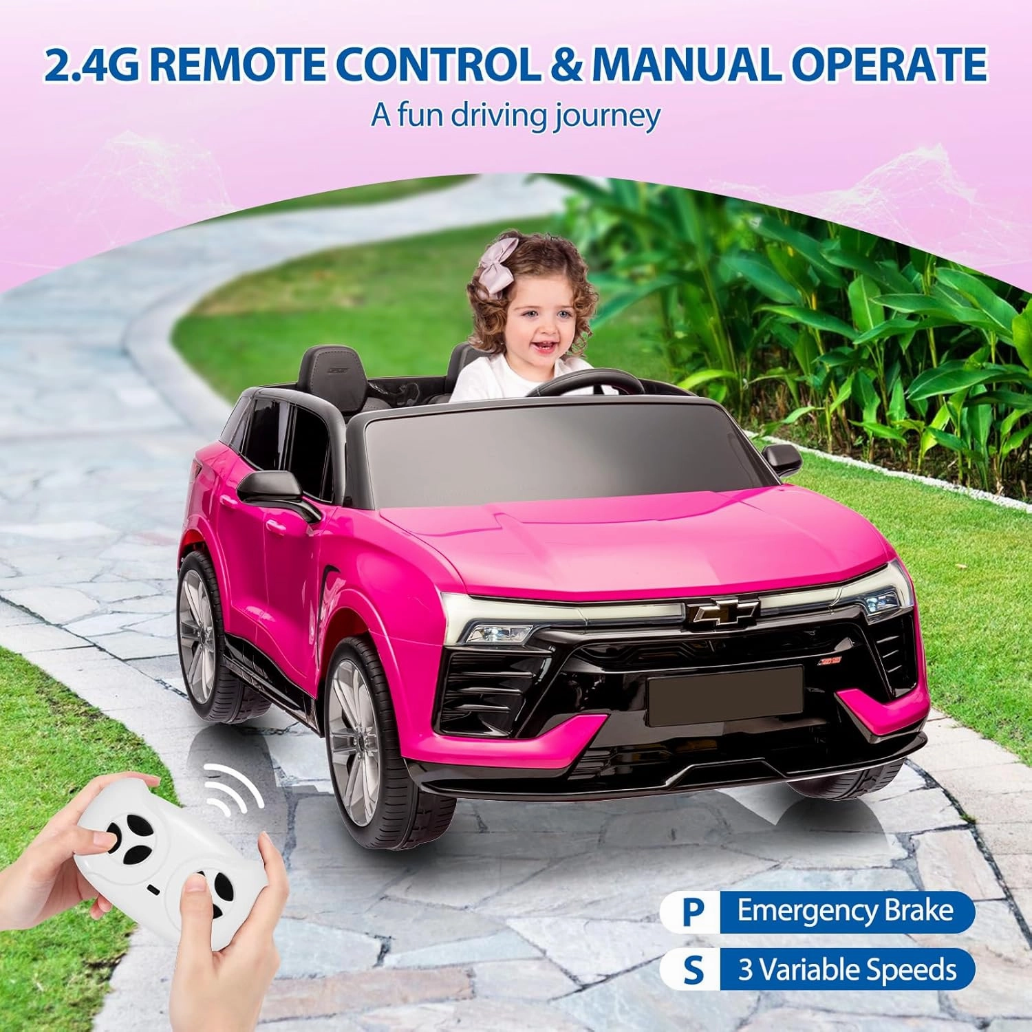 Jojoka Baby Car 24V 2-Seater SUV Licensed Chevrolet Blazer Ride On Toy w/Parent Remote Control,4xSpring Suspension, Wireless Music, Electric Vehicle Car for Kids Ages 3-8,Pink