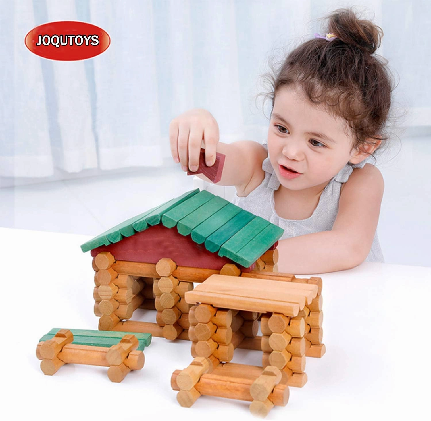 Joqutoys 90 Pcs Wood Building Blocks Toy for Toddlers, Classic Wooden Cabin Log Set Preschool Education Toy, Creative Construction Engineering Educational Toys for 3 4 5 6 Years Boys