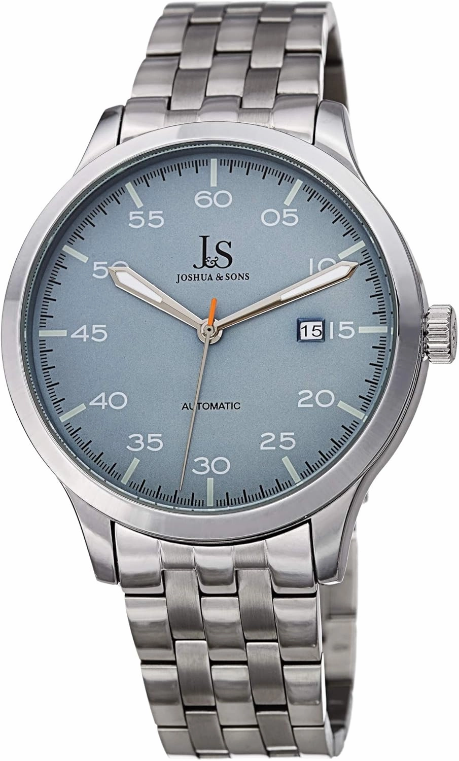 Joshua & Son’s Automatic Stainless Steel Bracelet Men's Watch - Polished Bezel, Embossed Dial, Date Window, Self Winding Automatic Movement - JX149
