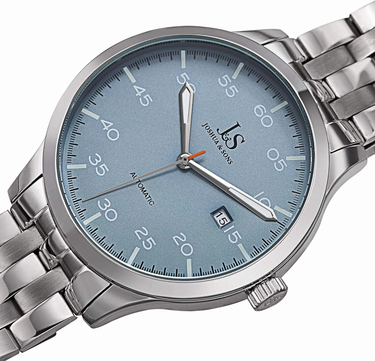Joshua & Son’s Automatic Stainless Steel Bracelet Men's Watch - Polished Bezel, Embossed Dial, Date Window, Self Winding Automatic Movement - JX149