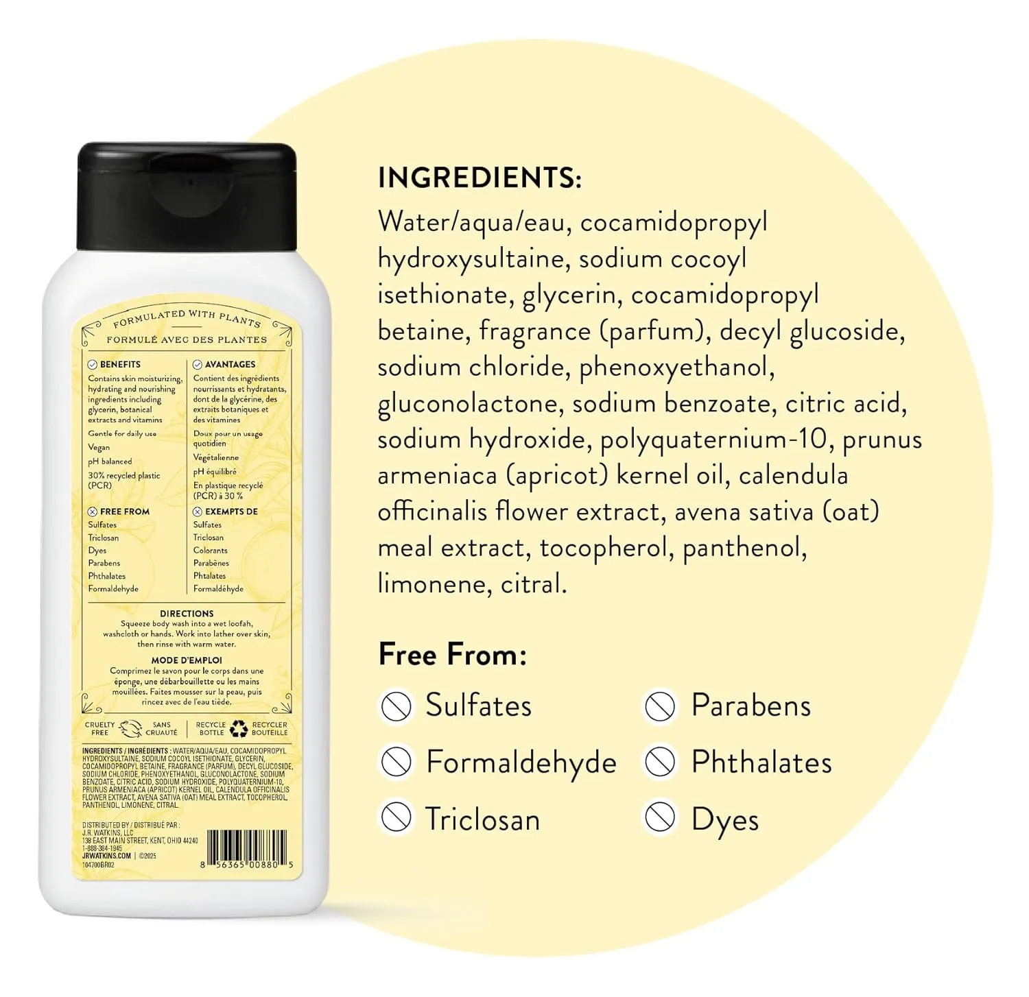 J.R. Watkins Body Wash Lemon Cream, 18 fl oz, 2 Pack