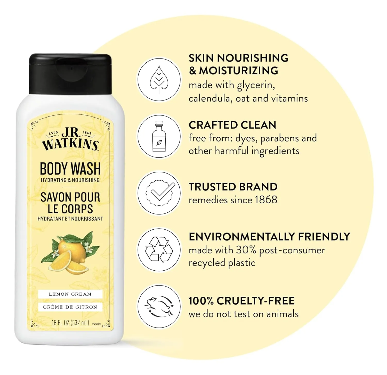 J.R. Watkins Body Wash Lemon Cream, 18 fl oz, 2 Pack
