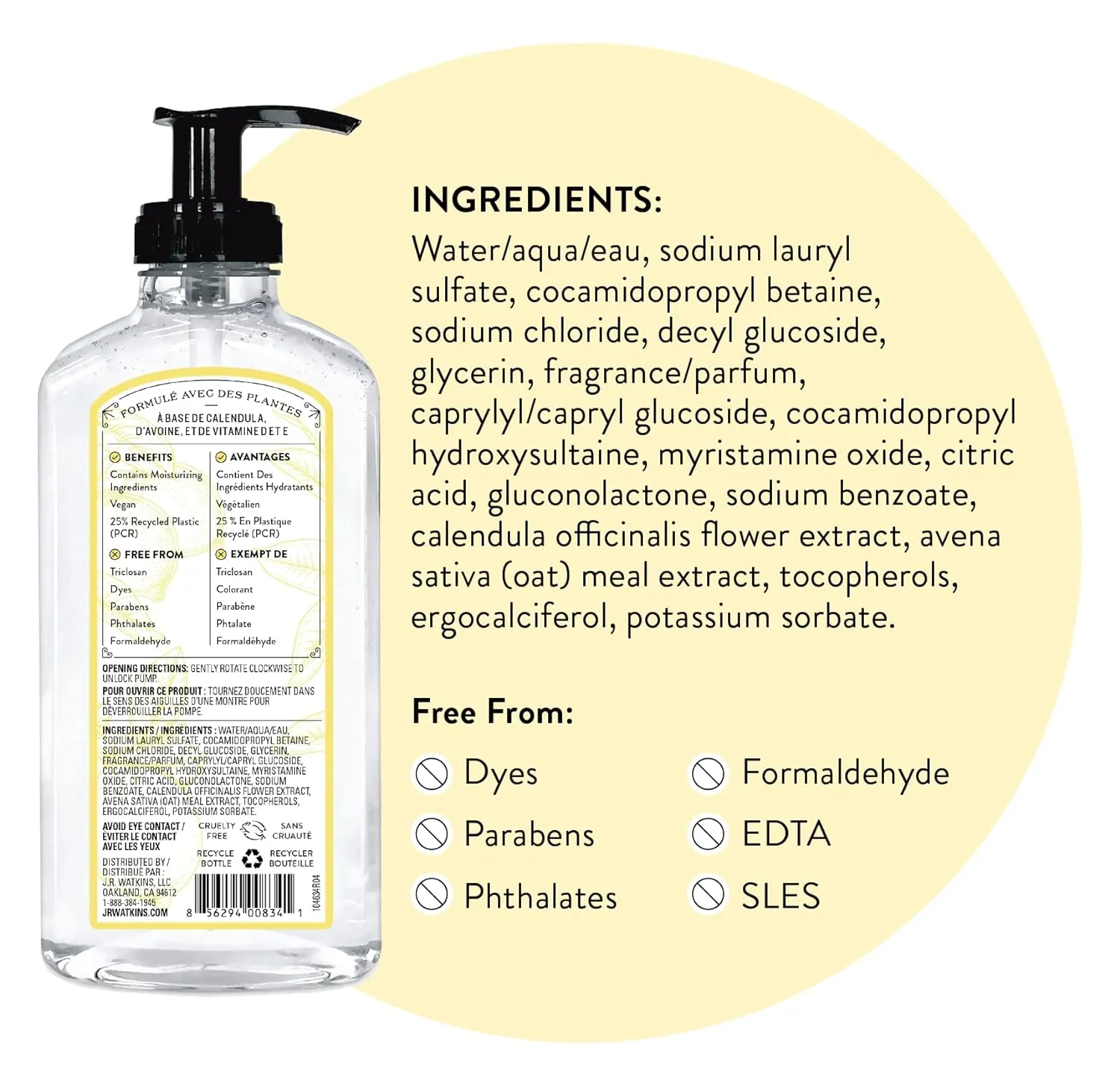 J.R. Watkins Liquid Hand Soap With Dispenser, Moisturizing Hand Soap, Alcohol-Free, Cruelty-Free, Use For Bathroom or Kitchen, Lemon, 11 Fl Oz, 3 Pack