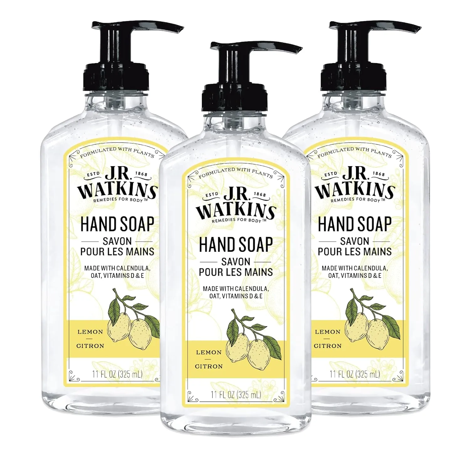 J.R. Watkins Liquid Hand Soap With Dispenser, Moisturizing Hand Soap, Alcohol-Free, Cruelty-Free, Use For Bathroom or Kitchen, Lemon, 11 Fl Oz, 3 Pack