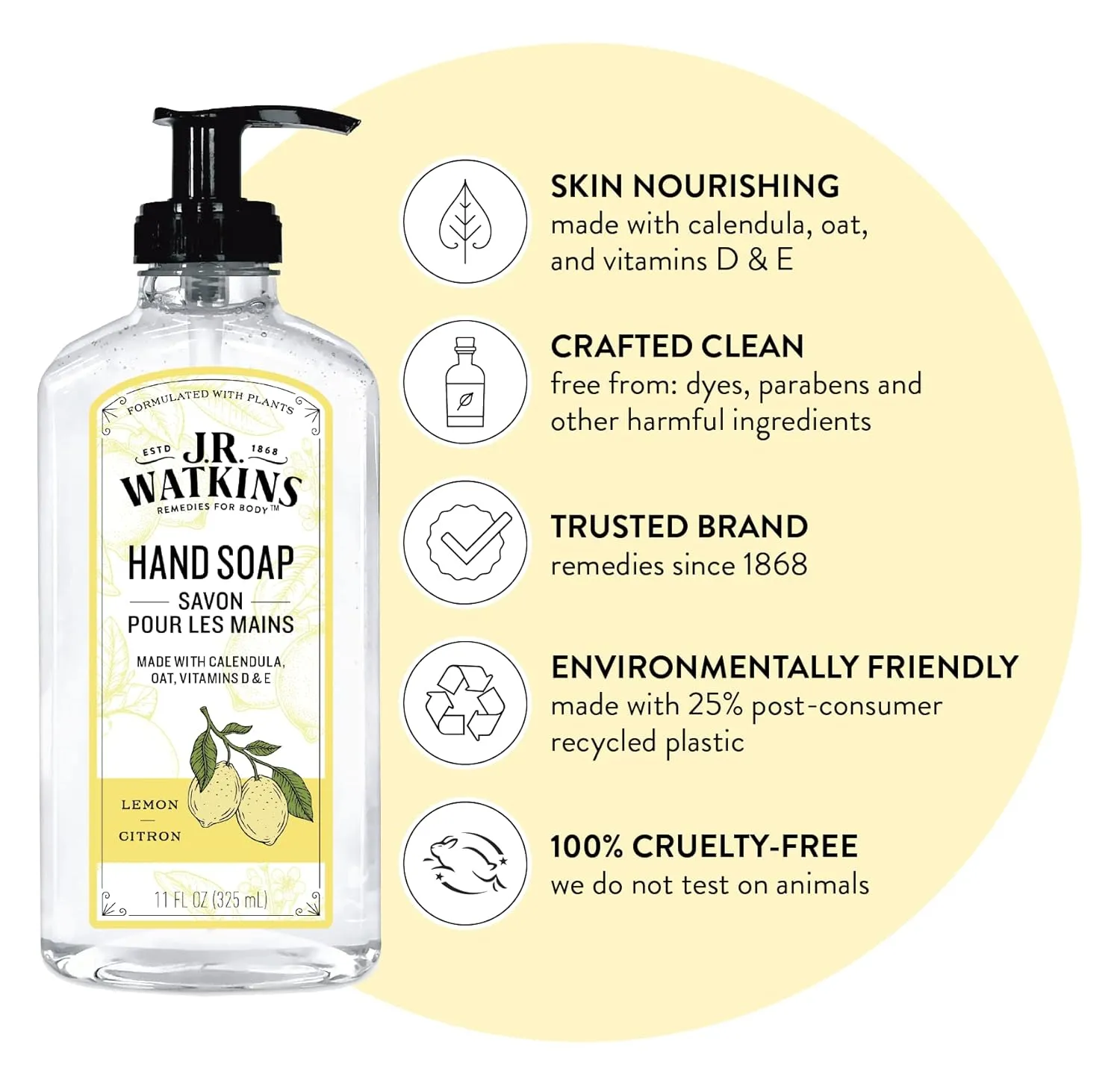 J.R. Watkins Liquid Hand Soap With Dispenser, Moisturizing Hand Soap, Alcohol-Free, Cruelty-Free, Use For Bathroom or Kitchen, Lemon, 11 Fl Oz, 3 Pack