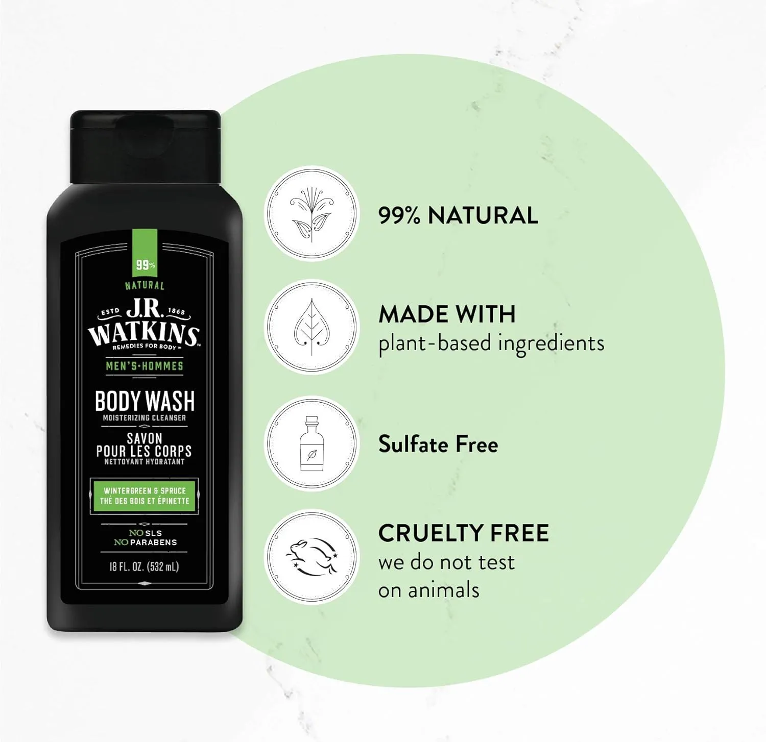 JR Watkins Natural Daily Moisturizing Body Wash, Wintergreen & Sprice, 6 Pack, Hydrating Shower Gel for Men and Women, Free of SLS, USA Made and Cruelty Free, 18 Fl Oz (Pack of 6)