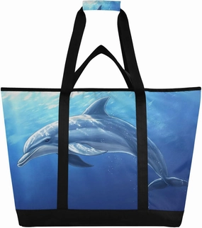 Jumping Dolphin Reusable Insulated Lunchbox Cooler Bag, Leakproof Kitchen Grocery Bag Collapsible Portable Cooler Tote Bag for Picnic, Camping, Office, Travel