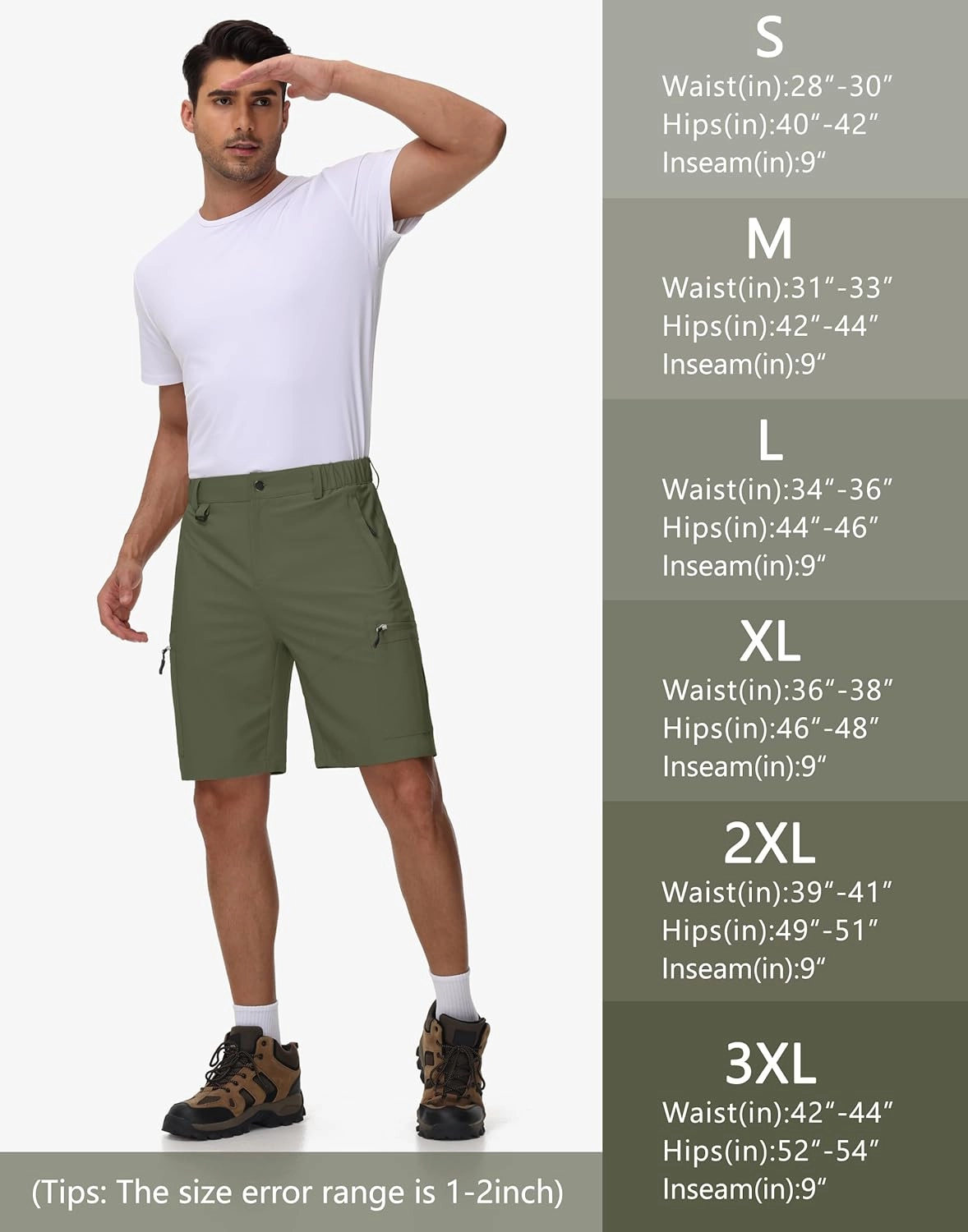 JWM Men's 9" Hiking Cargo Shorts - Lightweight Stretch Qucik Dry Casual Travel Golf Work Fishing Shorts with 5 Zipper Pockets