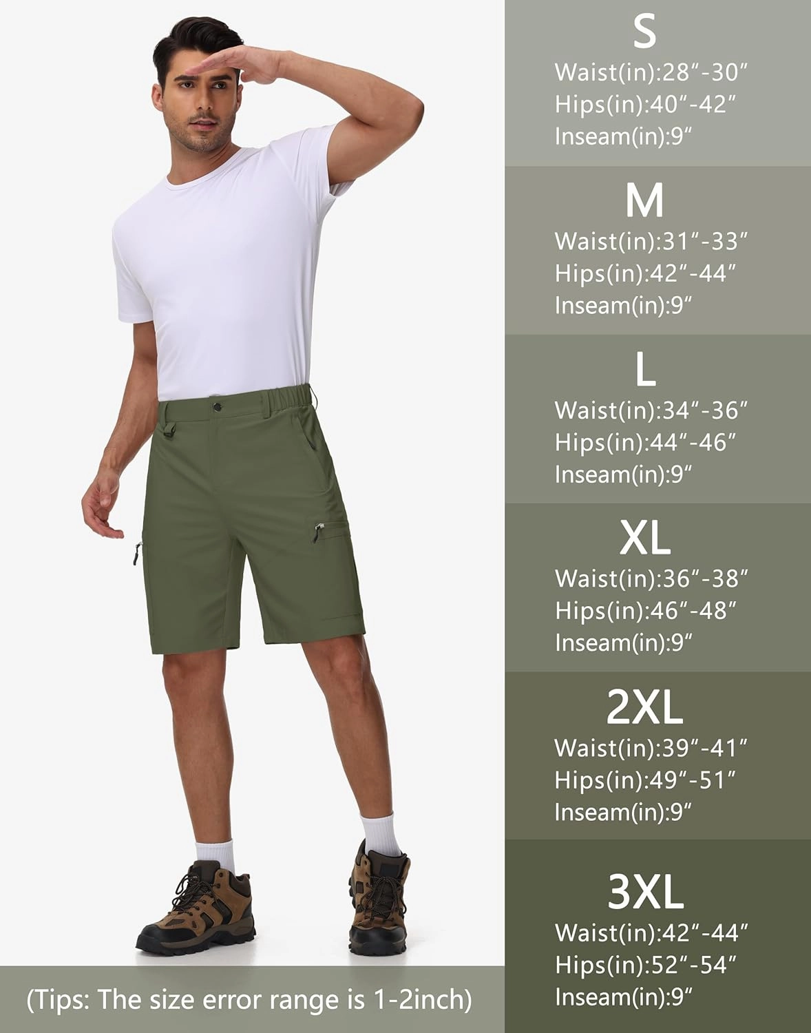 JWM Men's 9" Hiking Cargo Shorts - Lightweight Stretch Qucik Dry Casual Travel Golf Work Fishing Shorts with 5 Zipper Pockets
