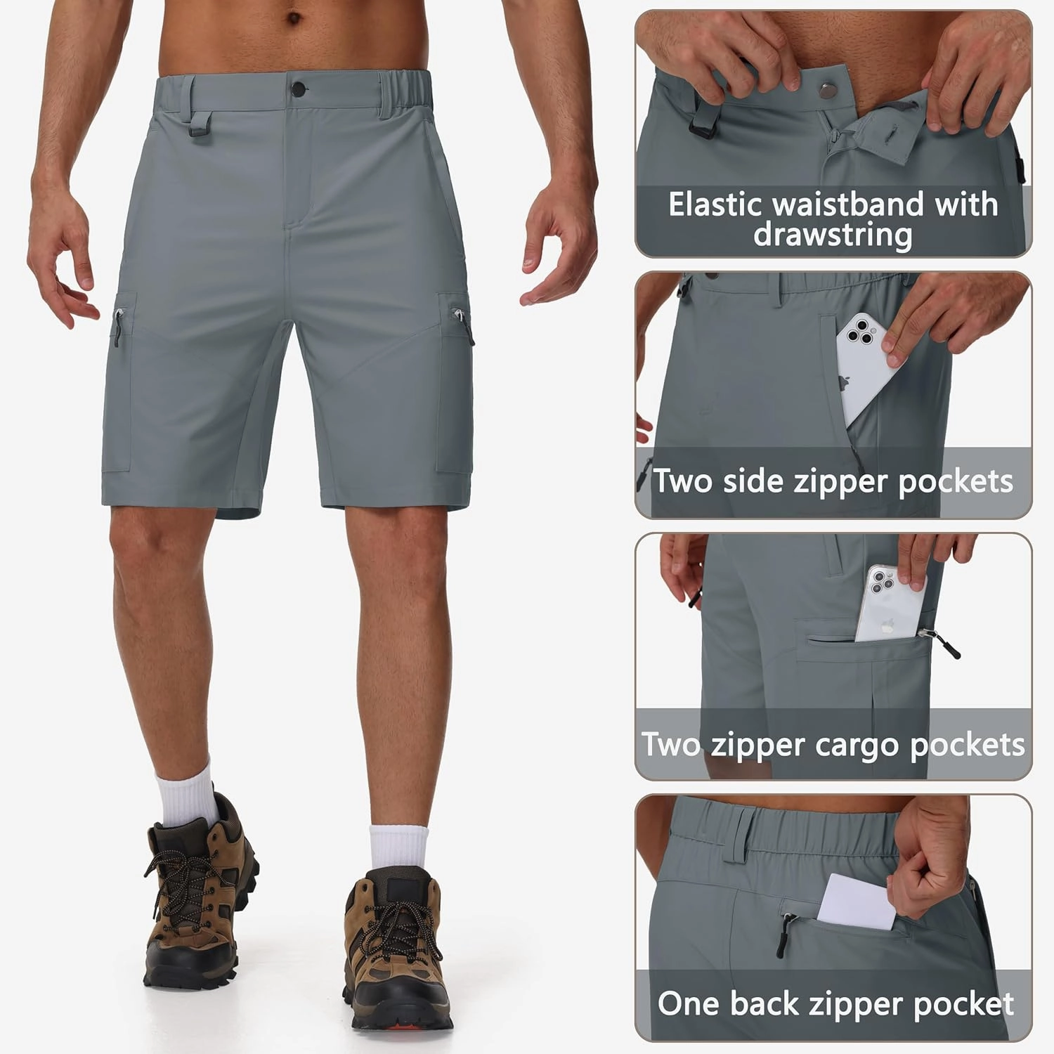 JWM Men's 9" Hiking Cargo Shorts - Lightweight Stretch Qucik Dry Casual Travel Golf Work Fishing Shorts with 5 Zipper Pockets
