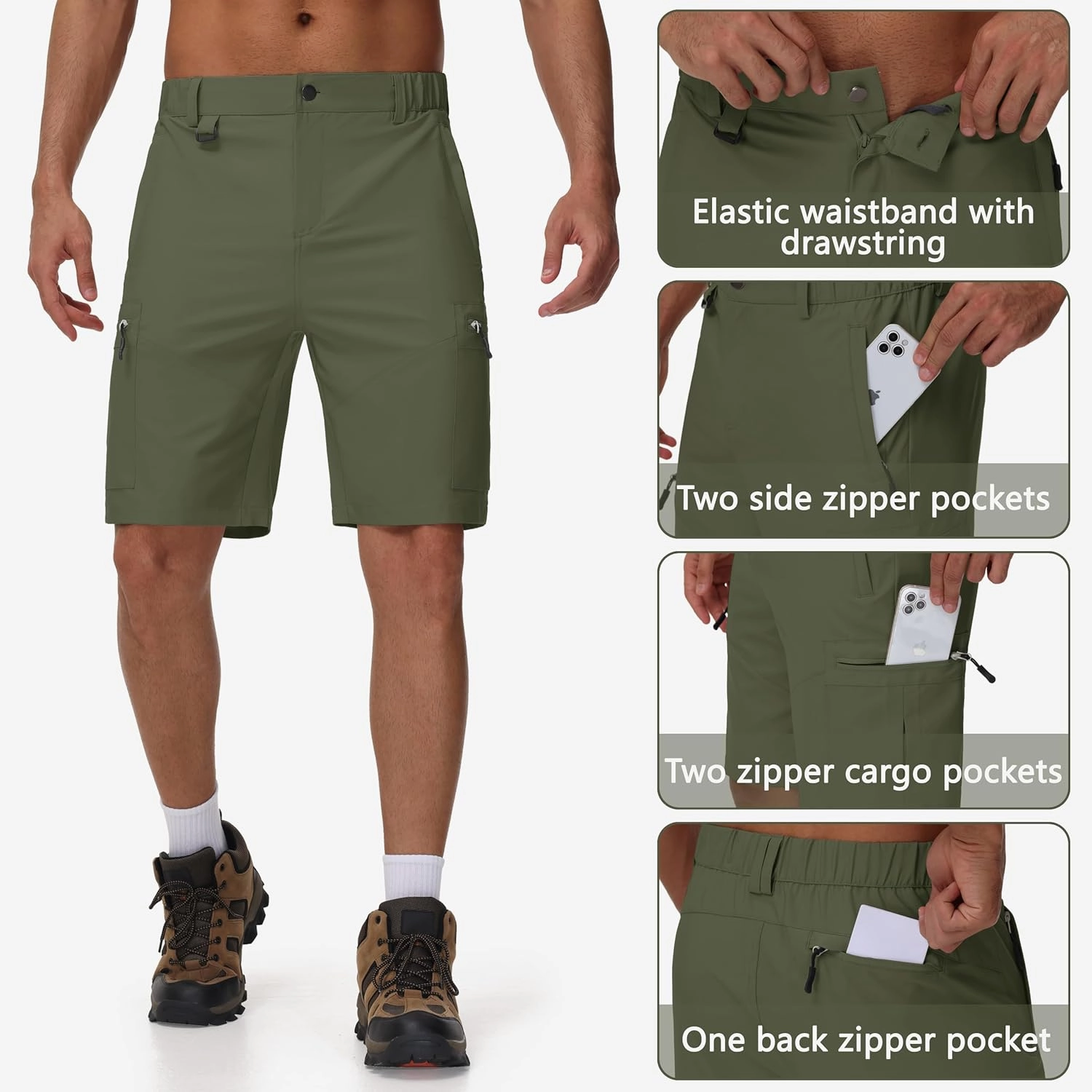 JWM Men's 9" Hiking Cargo Shorts - Lightweight Stretch Qucik Dry Casual Travel Golf Work Fishing Shorts with 5 Zipper Pockets