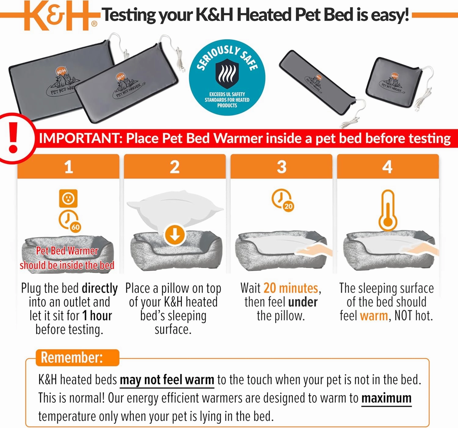 K&H Pet Products Pet Bed Warmer, Turn Any Pet Bed Into a Heated Cat or Dog Bed, Waterproof Indoor Heated Warming Pad Insert, Automatic Temperature, Safety Listed - Medium 20.5 X 6.75in Gray