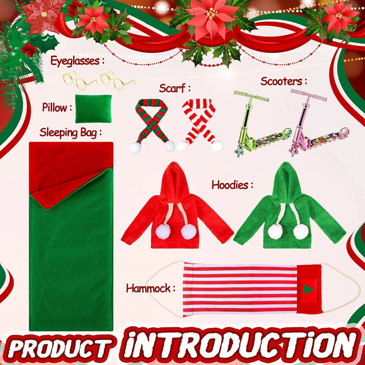 Kacctyen 11 Pcs Christmas Accessories Christmas Doll Clothes Sets Include Scooter Sleeping Bag Hoodie Scarf Glasses Pillow Shoes Scarf for Doll Decor