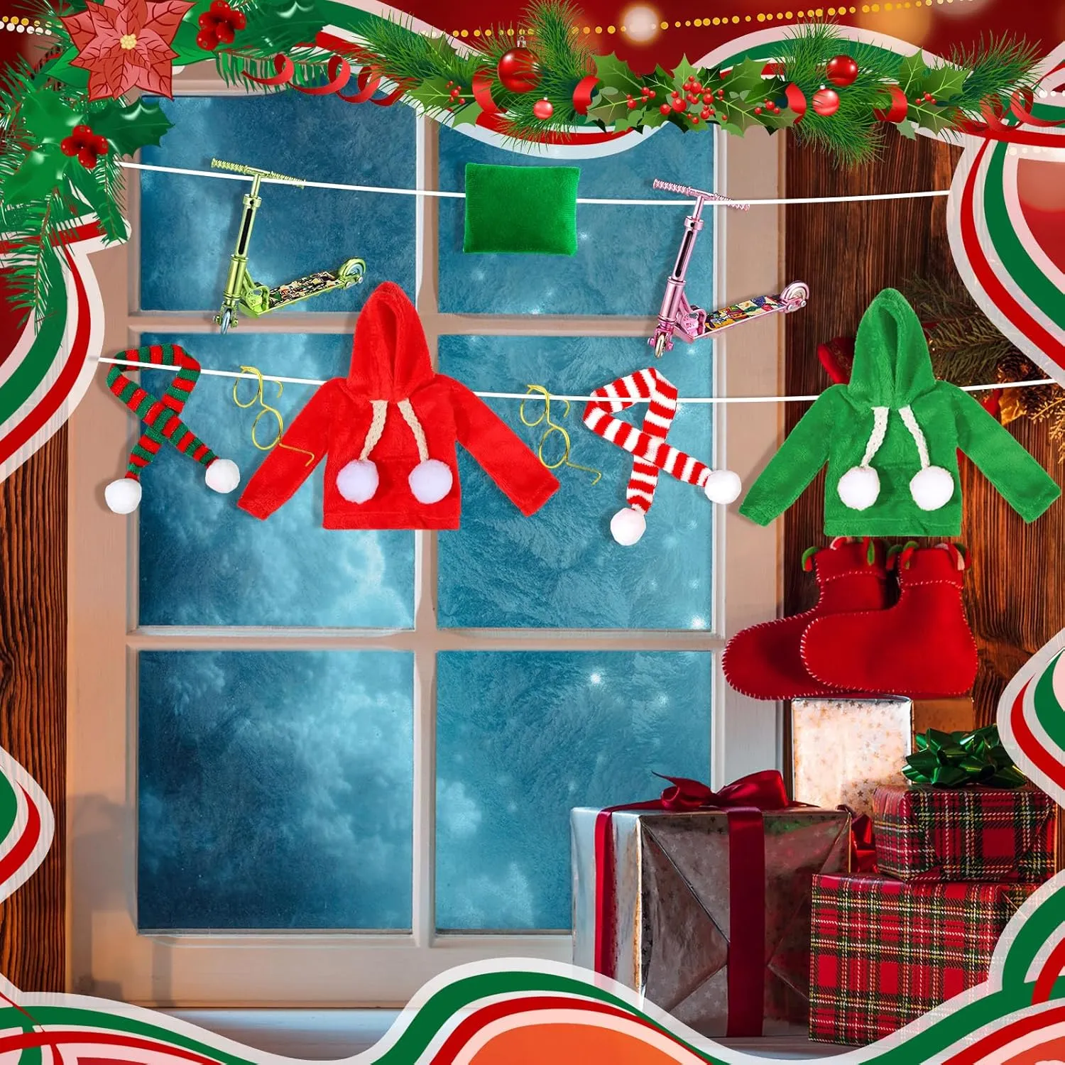 Kacctyen 11 Pcs Christmas Accessories Christmas Doll Clothes Sets Include Scooter Sleeping Bag Hoodie Scarf Glasses Pillow Shoes Scarf for Doll Decor