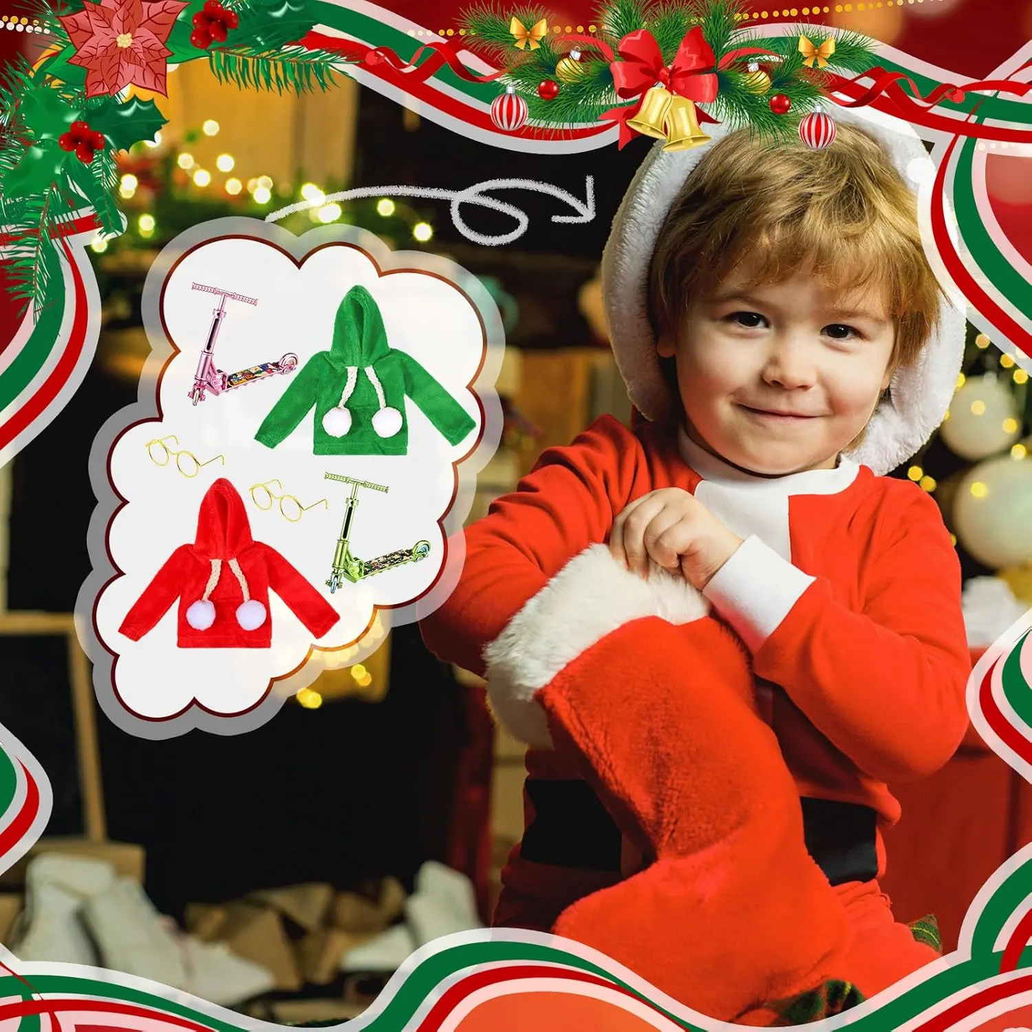 Kacctyen 11 Pcs Christmas Accessories Christmas Doll Clothes Sets Include Scooter Sleeping Bag Hoodie Scarf Glasses Pillow Shoes Scarf for Doll Decor