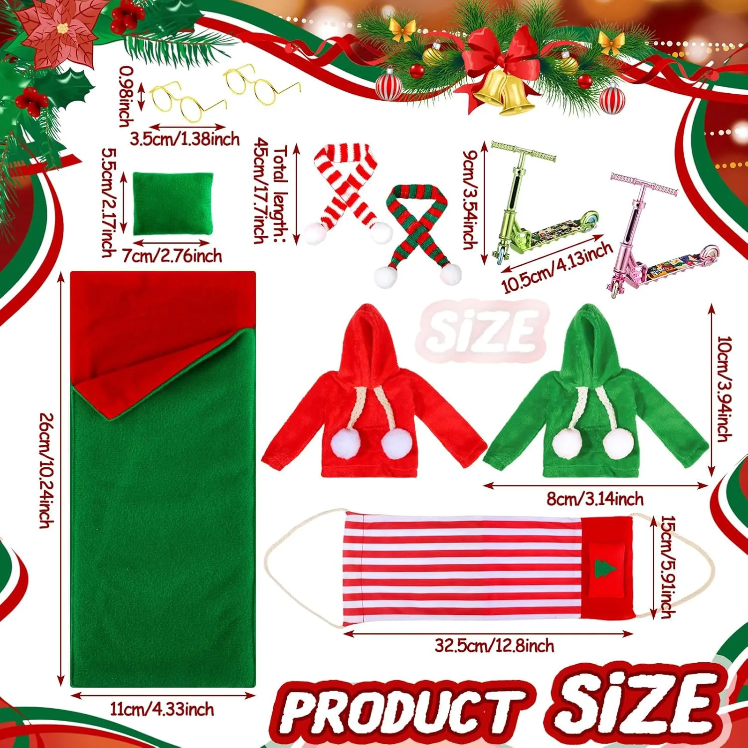 Kacctyen 11 Pcs Christmas Accessories Christmas Doll Clothes Sets Include Scooter Sleeping Bag Hoodie Scarf Glasses Pillow Shoes Scarf for Doll Decor