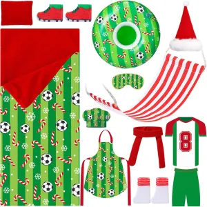 Kacctyen 15 Pcs Soccer Themed Christmas Doll Accessories Include Christmas Doll Sleeping Bag Apron Chef Hat Scarf Pillow Eye Mask Shoes Mask Hammock for Doll Props