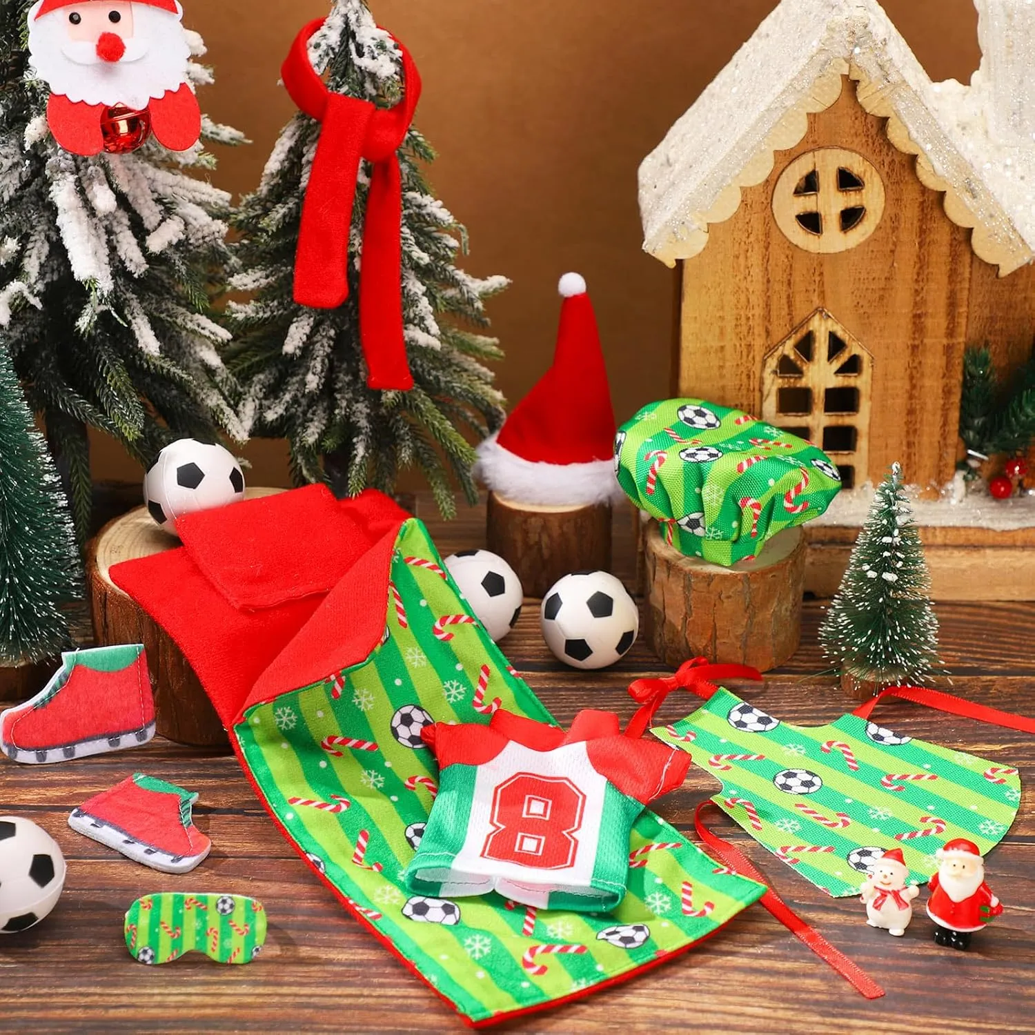 Kacctyen 15 Pcs Soccer Themed Christmas Doll Accessories Include Christmas Doll Sleeping Bag Apron Chef Hat Scarf Pillow Eye Mask Shoes Mask Hammock for Doll Props
