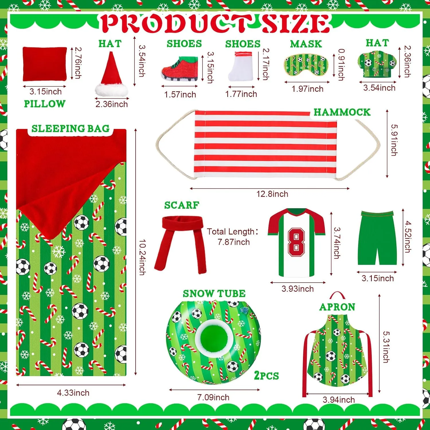 Kacctyen 15 Pcs Soccer Themed Christmas Doll Accessories Include Christmas Doll Sleeping Bag Apron Chef Hat Scarf Pillow Eye Mask Shoes Mask Hammock for Doll Props