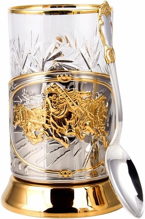 Kalchugino Metal Works Troika Gold-Plated Classic Russian Tea Glass Holder/Russian Podstakannik for Hot or Cold Liquids