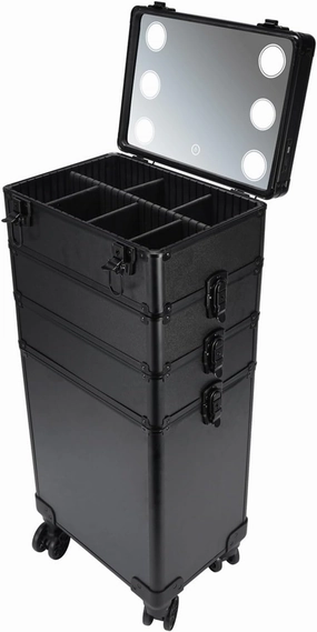 Karl home 4 in 1 Makeup Train Case with 3 Color LED Light Mirror, Rolling Cosmetic Trolley Travel Organizer with Key 360° Swivel Wheels for Beauticians Hairstylists Nail Tech Students, Black