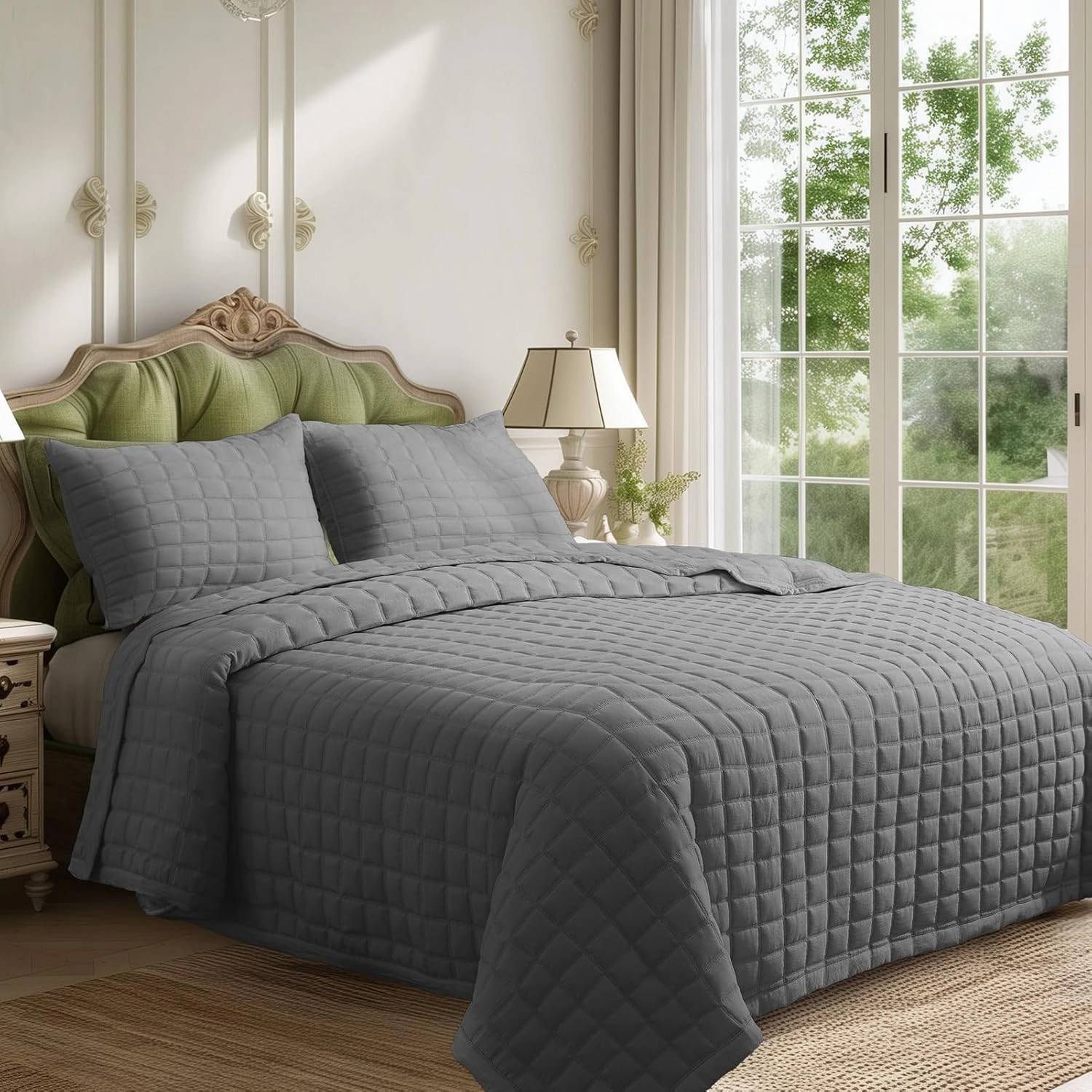 KASENTEX Quilt-Bedding-Coverlet-Blanket-Set, Machine Washable, Ultra Soft, Lightweight, Stone-Washed, Detailed Stitching - Solid Color, King   2 Shams, Dark Grey