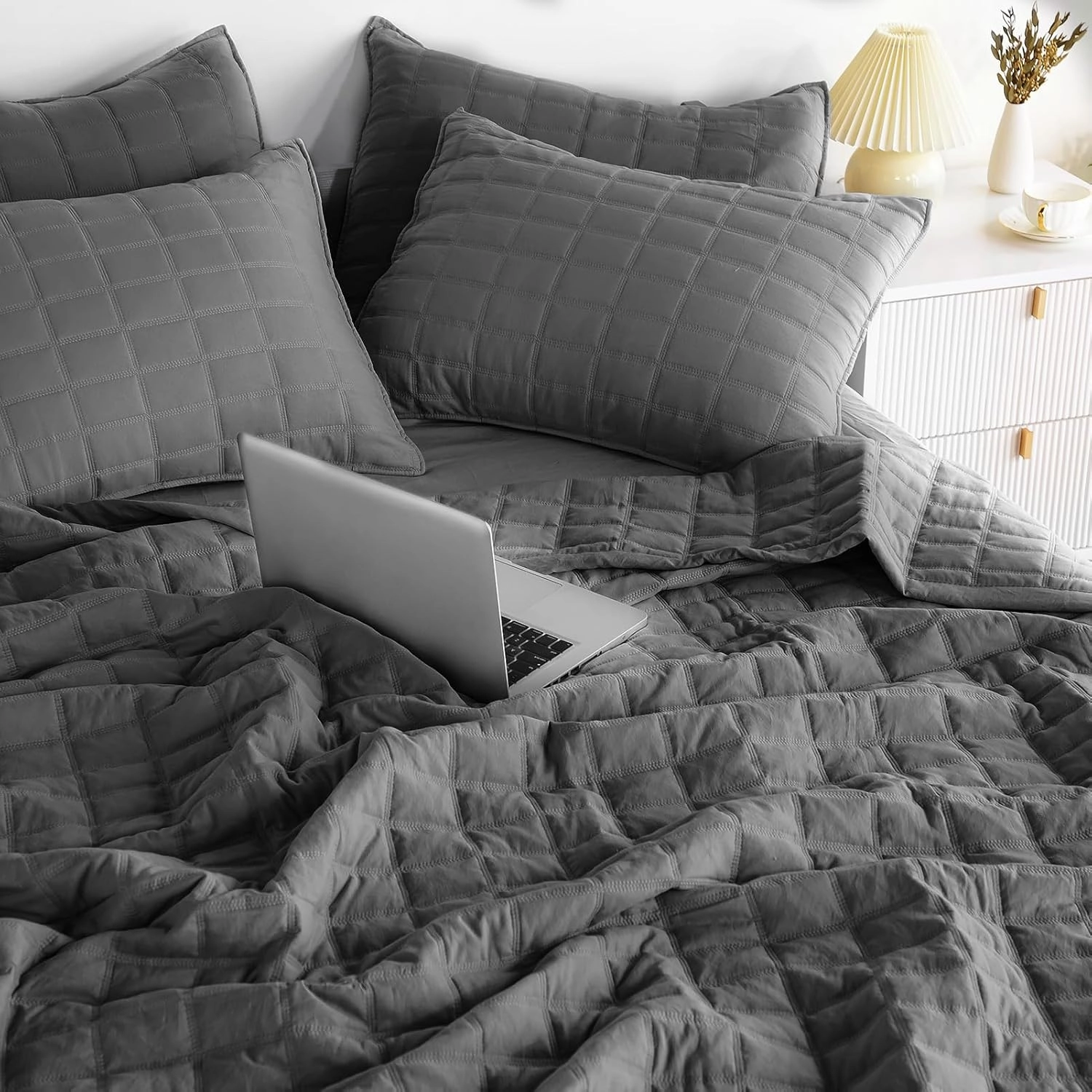 KASENTEX Quilt-Bedding-Coverlet-Blanket-Set, Machine Washable, Ultra Soft, Lightweight, Stone-Washed, Detailed Stitching - Solid Color, King   2 Shams, Dark Grey