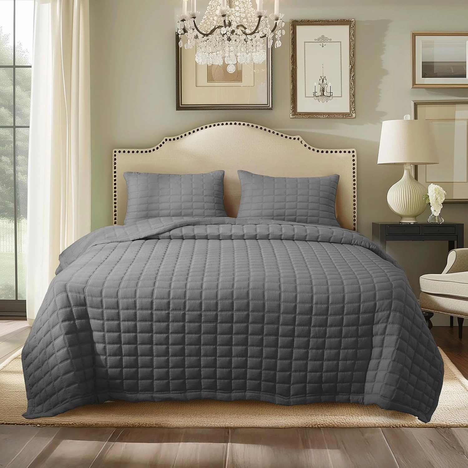 KASENTEX Quilt-Bedding-Coverlet-Blanket-Set, Machine Washable, Ultra Soft, Lightweight, Stone-Washed, Detailed Stitching - Solid Color, King   2 Shams, Dark Grey