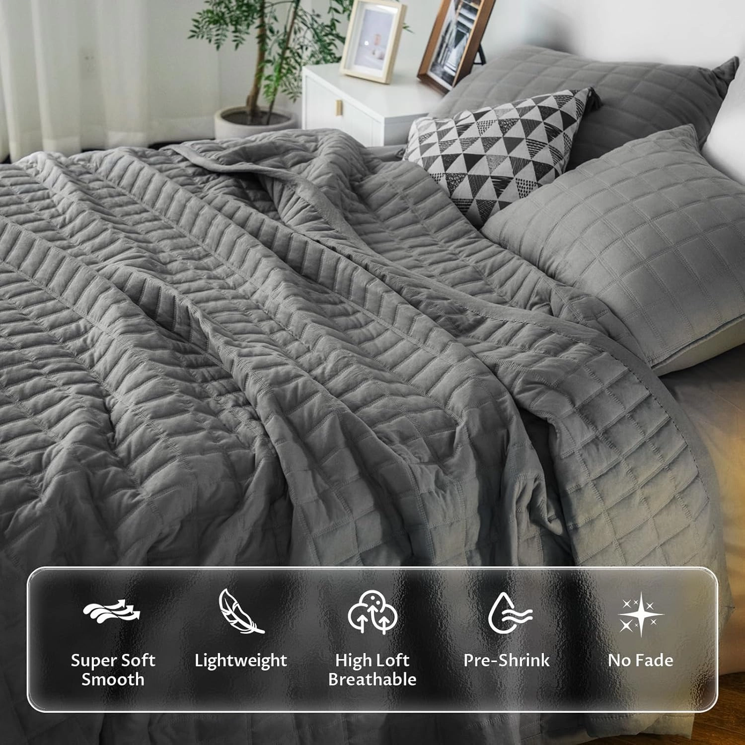 KASENTEX Quilt-Bedding-Coverlet-Blanket-Set, Machine Washable, Ultra Soft, Lightweight, Stone-Washed, Detailed Stitching - Solid Color, King   2 Shams, Dark Grey