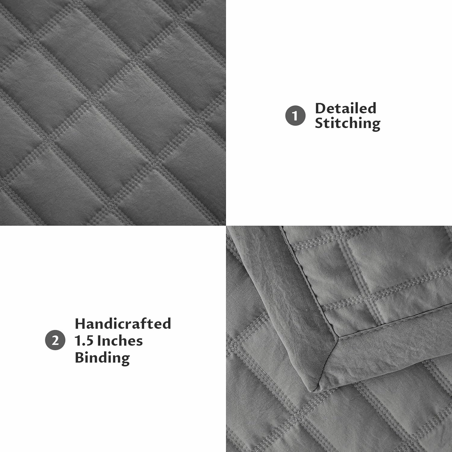 KASENTEX Quilt-Bedding-Coverlet-Blanket-Set, Machine Washable, Ultra Soft, Lightweight, Stone-Washed, Detailed Stitching - Solid Color, King   2 Shams, Dark Grey