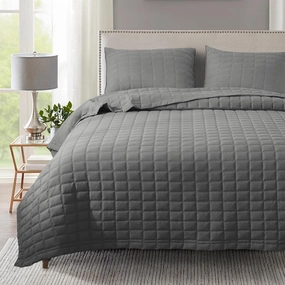 KASENTEX Quilt-Bedding-Coverlet-Blanket-Set, Machine Washable, Ultra Soft, Lightweight, Stone-Washed, Detailed Stitching - Solid Color, King   2 Shams, Dark Grey
