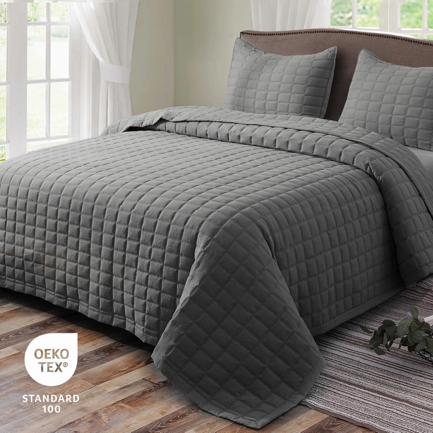 KASENTEX Quilt-Bedding-Coverlet-Blanket-Set, Machine Washable, Ultra Soft, Lightweight, Stone-Washed, Detailed Stitching - Solid Color, King   2 Shams, Dark Grey