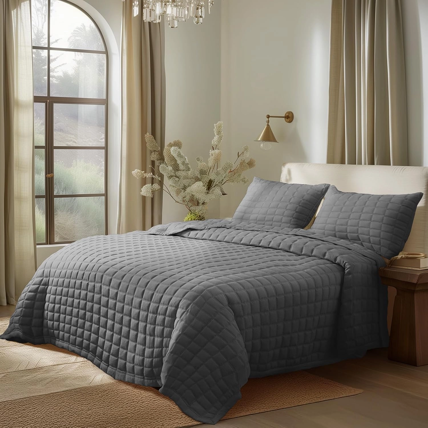 KASENTEX Quilt-Bedding-Coverlet-Blanket-Set, Machine Washable, Ultra Soft, Lightweight, Stone-Washed, Detailed Stitching - Solid Color, King   2 Shams, Dark Grey
