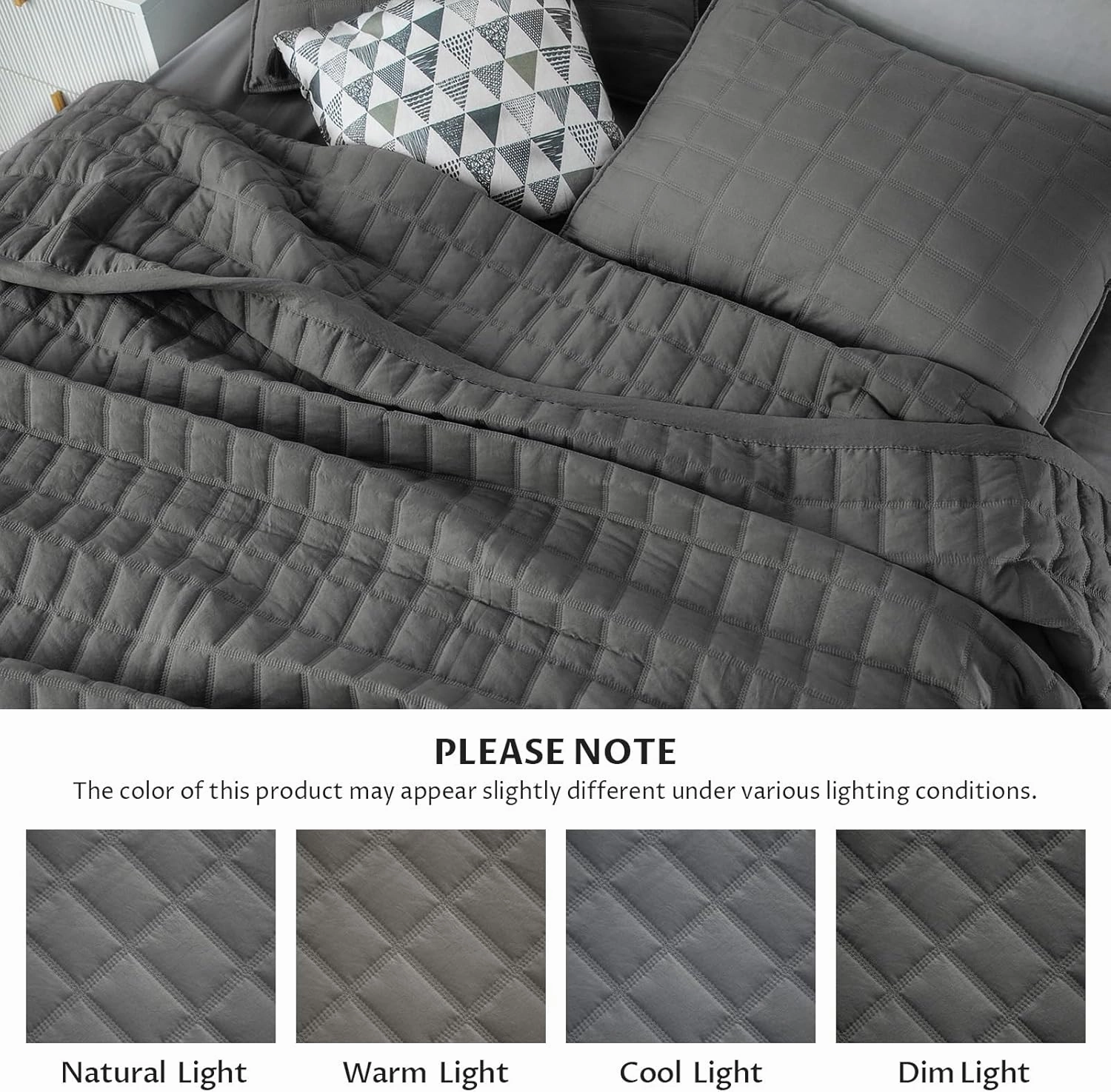 KASENTEX Quilt-Bedding-Coverlet-Blanket-Set, Machine Washable, Ultra Soft, Lightweight, Stone-Washed, Detailed Stitching - Solid Color, King   2 Shams, Dark Grey