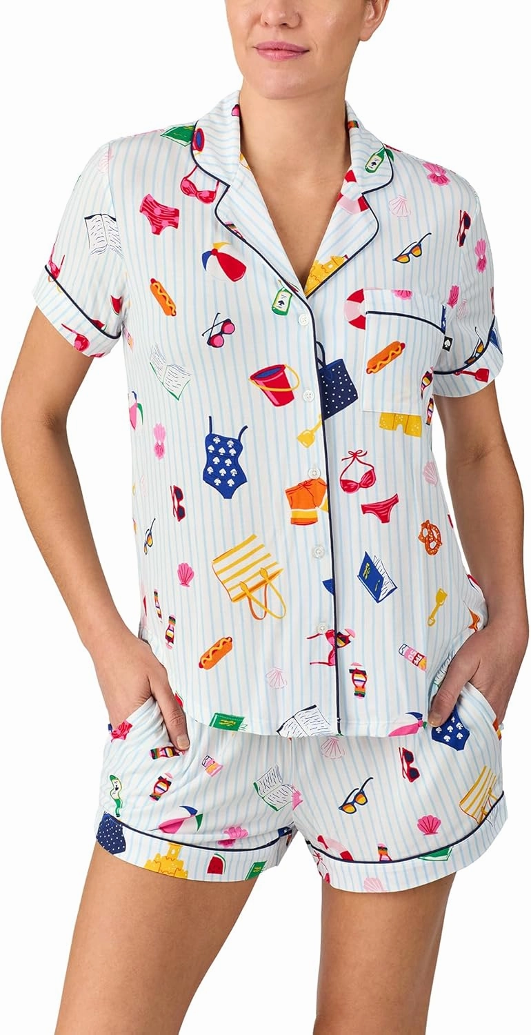 kate spade new york Pajamas for Women 2 Piece Set Comfy Classic Short Sleeve Notch Collar Button Top & Shorts