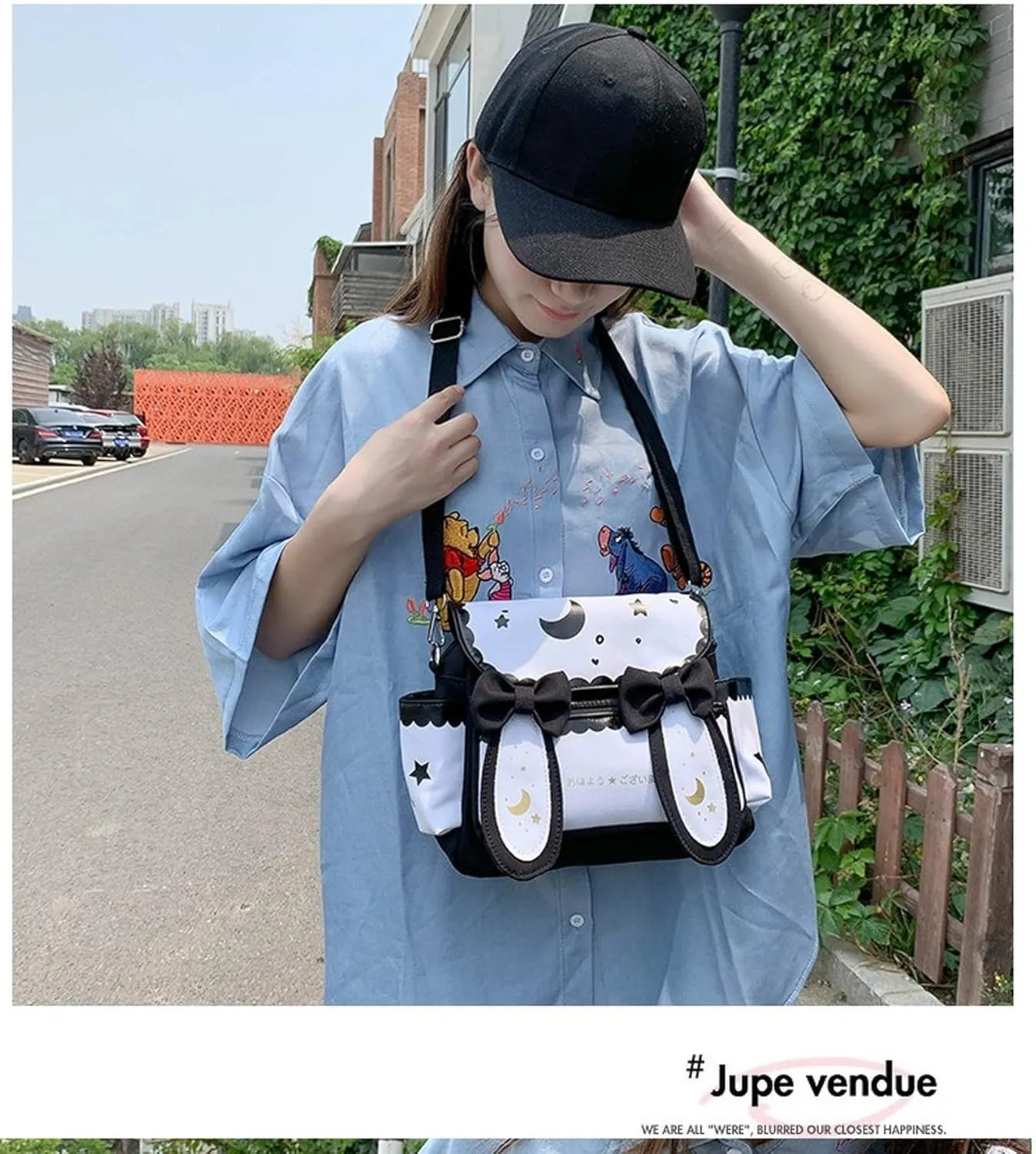 Kawaii Anime Star Moon Crossbody Bag, Back to School Supplies, Japanese Cute Bowknot Bunny Magic Casual Shoulder Bag (Black)