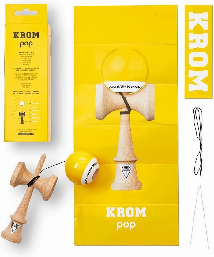 Kendama Toy POP LOL Yellow - High Wood Quality - Extra Strong - for Beginner and Pro - Gift Pack : Extra String   Stickers