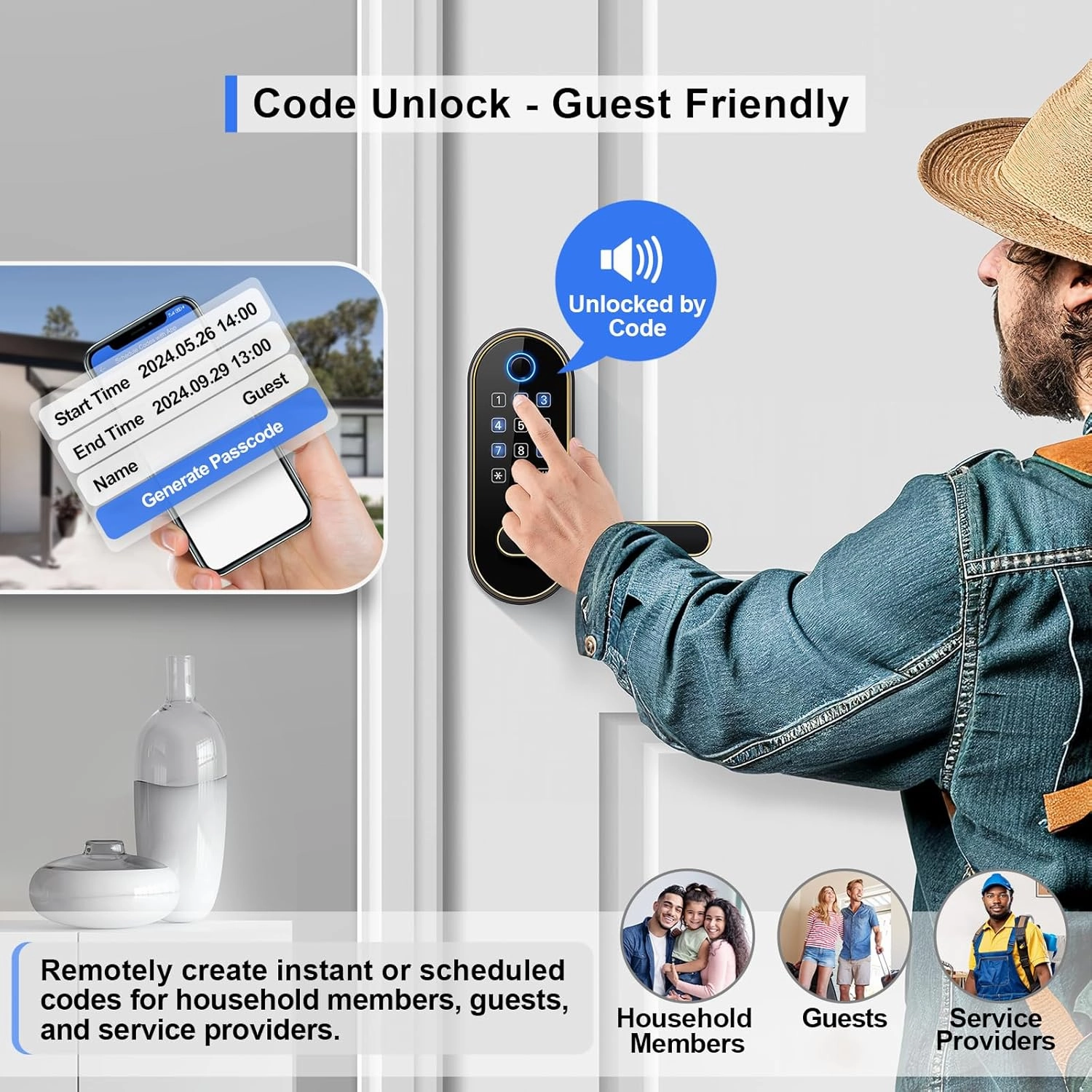 Keyless-Entry Keypad Fingerprint Smart Lock: Digital Door Lock with Code Passcode, Electronic Door Handle, Biometric Door Knob for Entry Door, Bedroom Door (Gold)