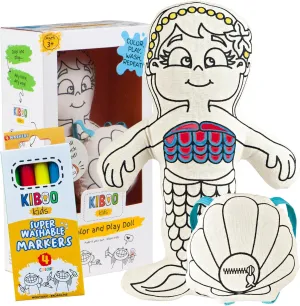 Kiboo Kids Color Your Mermaid - Coloring Toy for Kids - Educational Art and Crafts - Reusable Gift (9" Mermaid Doll with Mini Shell Doll Backpack and Washable Markers)