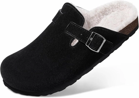 KIDMI Women's Fur Lined Suede Clogs Fuzzy Cork Footbed Mules Slip On Winter Potato Shoes