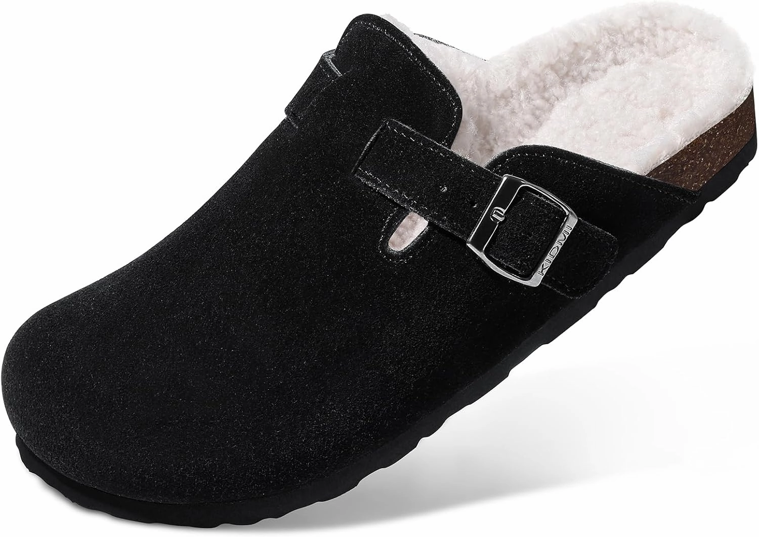 KIDMI Women's Fur Lined Suede Clogs Fuzzy Cork Footbed Mules Slip On Winter Potato Shoes